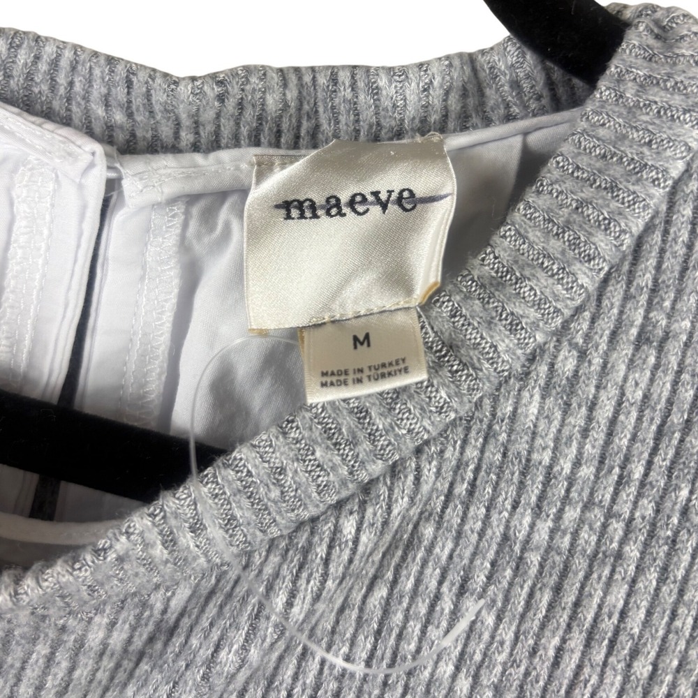 Maeve Anthropologie Twofer Ribbed Sweater Poplin Shirt Layered Top Grey White M - Picture 8 of 9